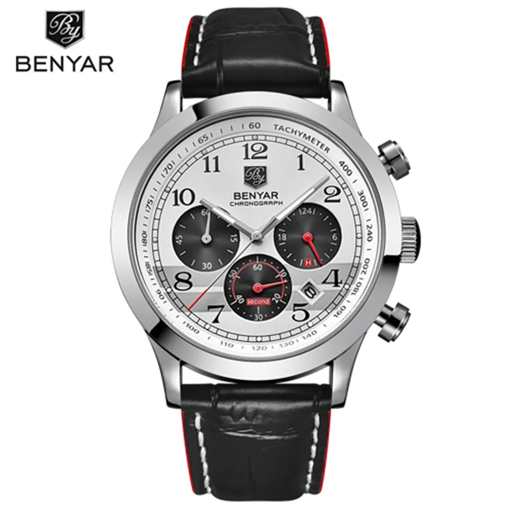 

BENYAR Chronograph Sport Watches Men Top Brand Luxury Quartz Wristwatches Leather Waterproof Calendar Male Clock horloges mannen