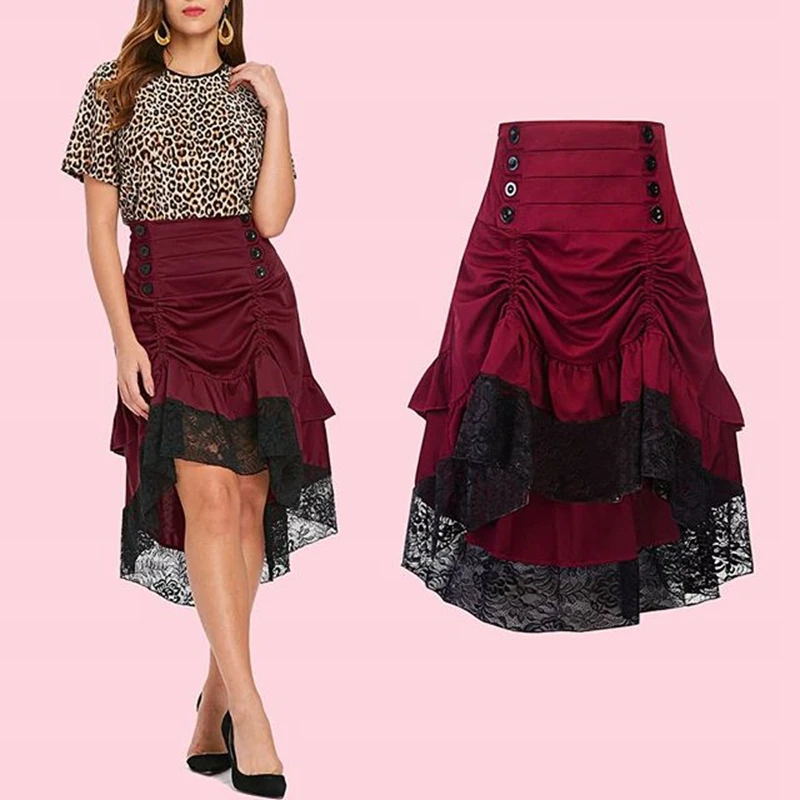 

Retro Gothic Style Vintage Skirt Women Bottoms Ruffle Irregular Hem Lace Skirts Double-Breasted Casual Skirts Red Feminino Jupe