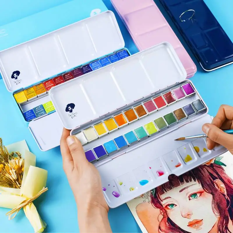 Kaufen Rubens 12 24 48 Glitter Solide Aquarell Künstlerische Wasser Farbe Farben Für Malerei Metall Fall Mit Palette kunst Liefert