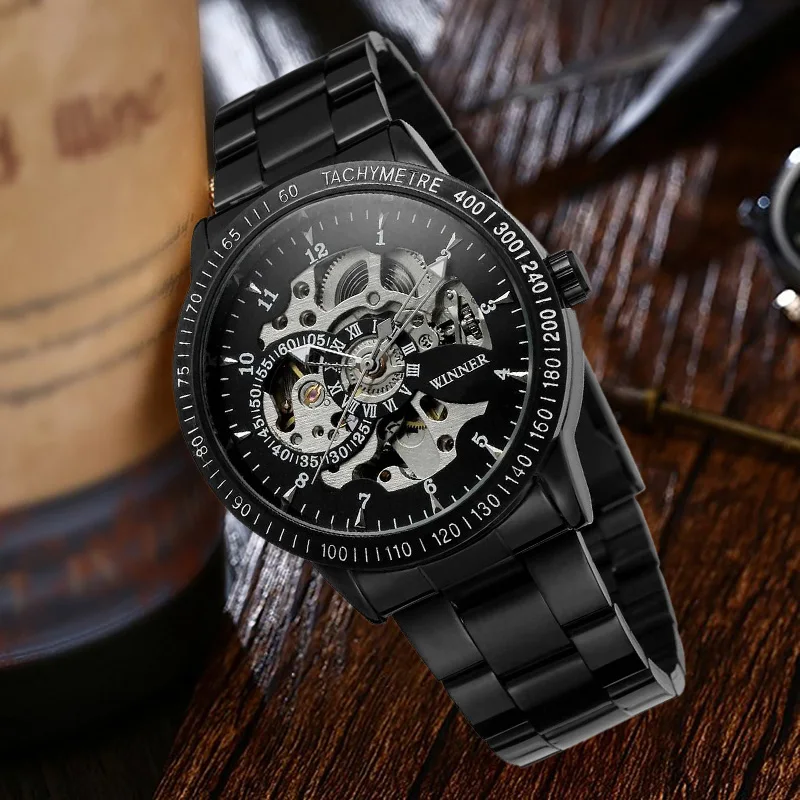 Winner Роскошные винтажные часы из нержавеющей стали с черным циферблатом мужские механические часы с скелетом для мужчин наручные часы с