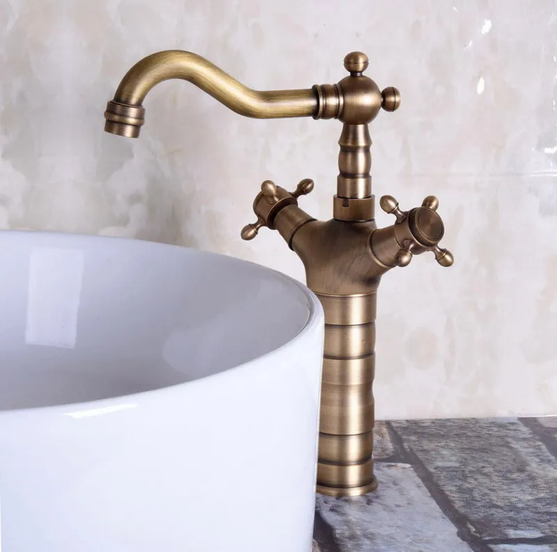 Vintage Retro Antique Brass Dual Cross Handles Bathroom Kitchen Basin Sink Faucet Mixer Tap Swivel Spout Deck Mounted mnf246