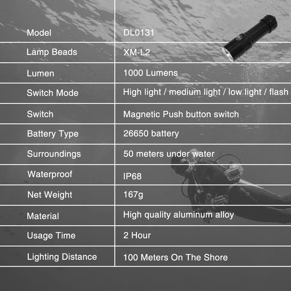 LED diving flashlight XM L2 white light underwater 50m light torch 26650 battery waterproof flashlight led dive torch light lamp