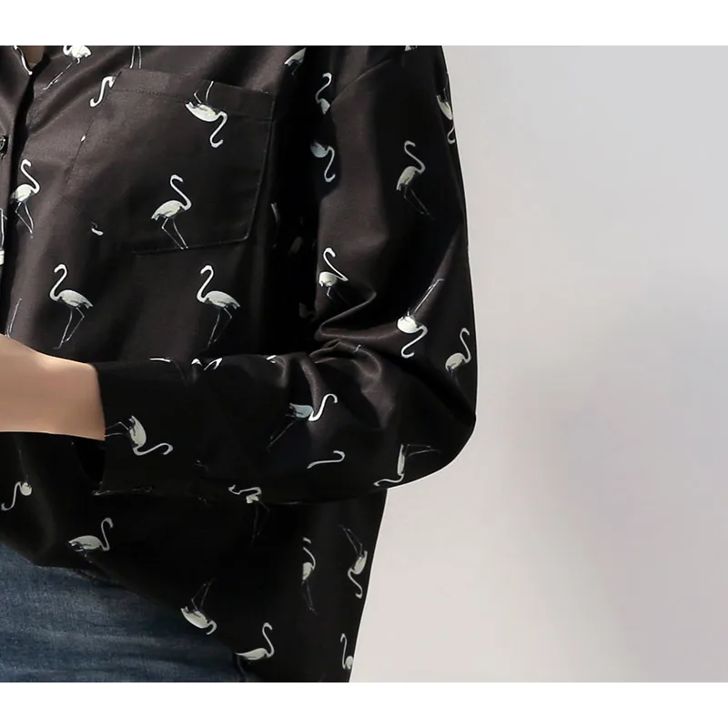 Рубашки с принтом птицы, Женские топы и блузки с принтом фламинго, уличная одежда с длинным рукавом, свободная черная блузка Blusas Mujer De Moda