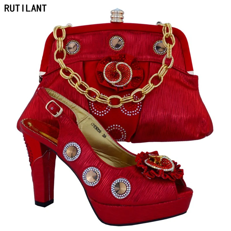 

New Red Color Women Italian African Party Pumps Shoes and Bag Set Decorated with Rhinestone African Weddding Shoes with Bag Sey
