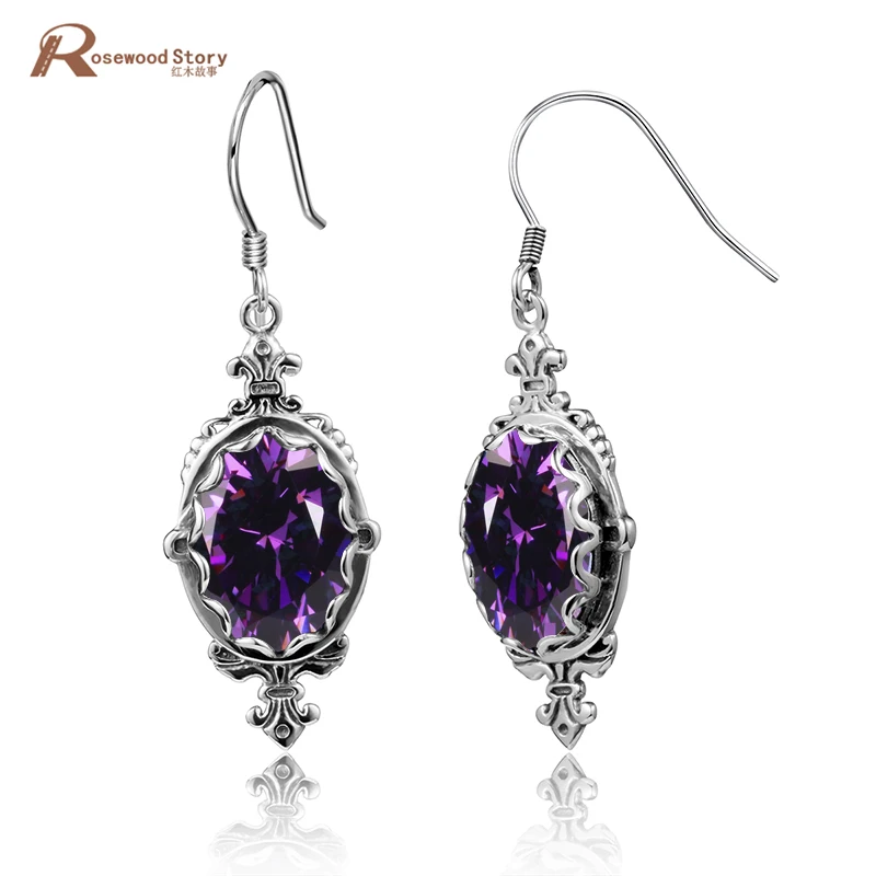 

Luxury Unique Purple CZ Stone Crystal Drop Earrings Soild 925 Sterling Silver Vintage Wedding Brincos Jewelry For Women Party