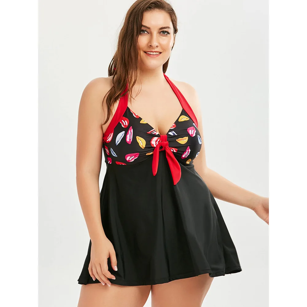 

Plus Size Halter Tankini Swimsuit 2018 Women Retro Swimwear Padded Printed Big Size Two Pieces Suits Bathing Suit XL-5XL
