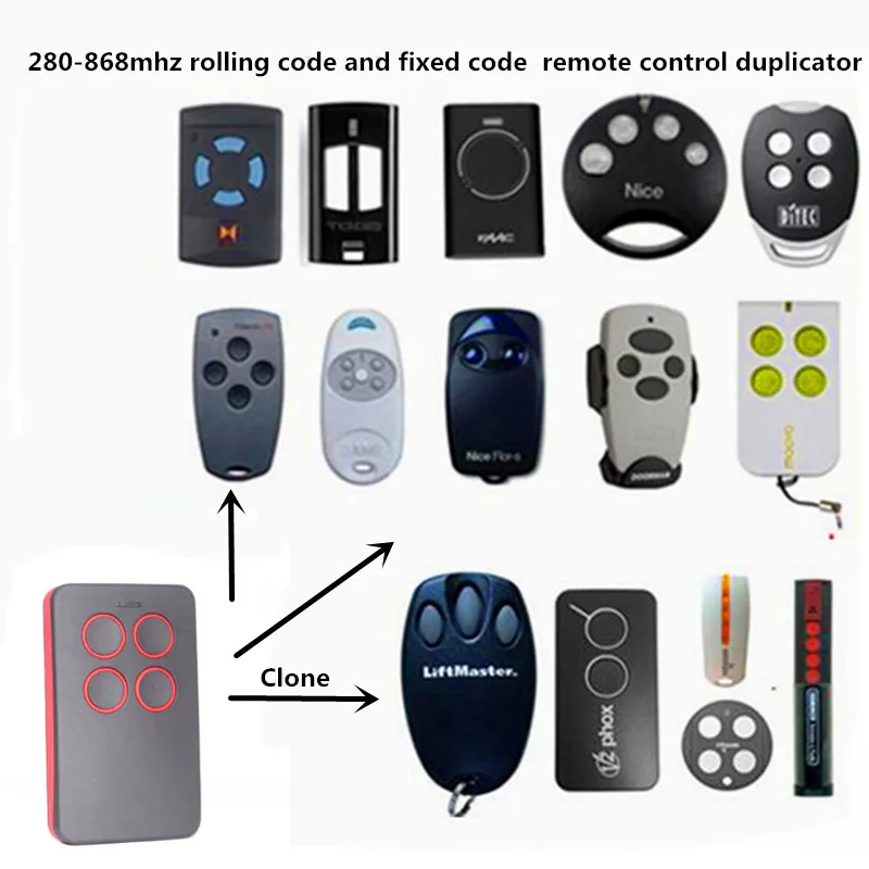

Replace your old garage door remote control 280-868mhz fixed code and rolling code duplicator CE and Rohs