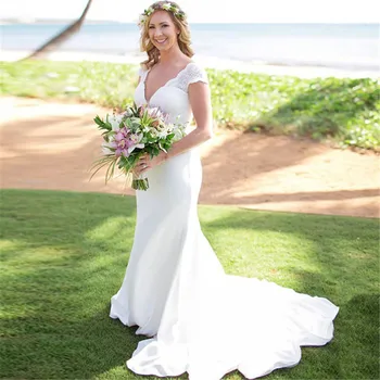 

2020 Beach Lace Appliques Wedding Dresses V Neck Cap Sleeve Backless Bride Dress vestido de noiva Sweep Train