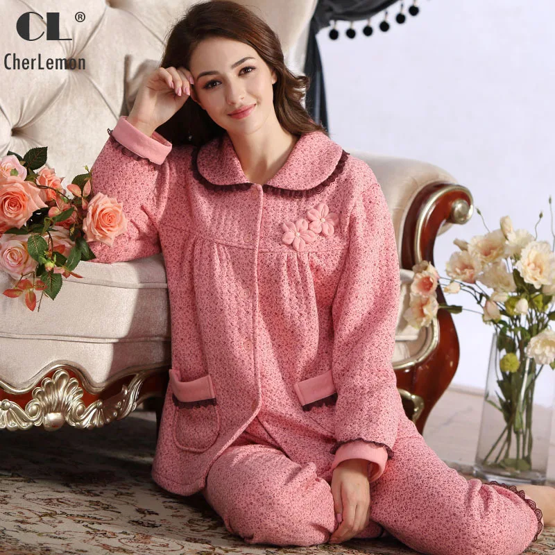 Cherlemon Women Winter Thick Cotton Floral Pajamas Button Down Long