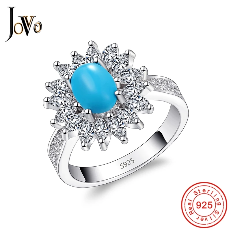 

JOVO Fashion 925 Sterling Silver Rings For Women Cubic Zirconia Turquoise bands Prong Setting Luxury ladies gift Fine Jewelry