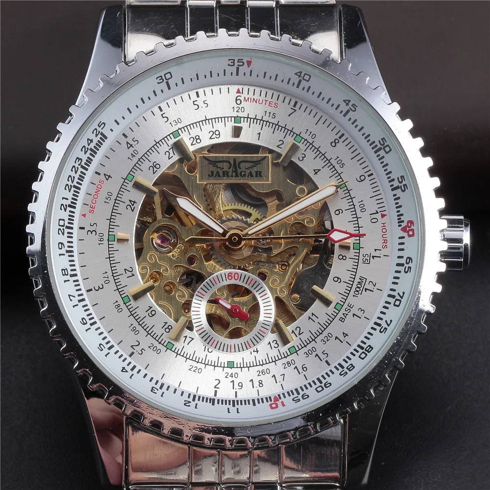 

Jargar Automatic Men Skeleton Silver Color Watch Stainless Steel Bracelet with Gift Box