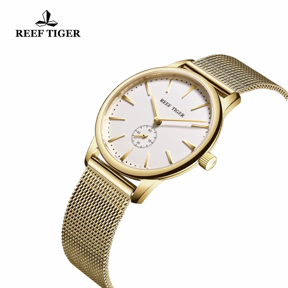 Риф Тигр/RT Роскошные винтажные часы для пары желтое золото ультра тонкие часы для мужчин и женщин кварцевые часы RGA820