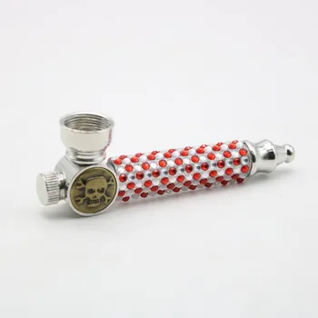 

1PC Flashing Lights Smoking Pipe With Diamond & Silver Screen Portable Metal Pipes Tobacco Herb Hookah Grinder Cigarette Pipe