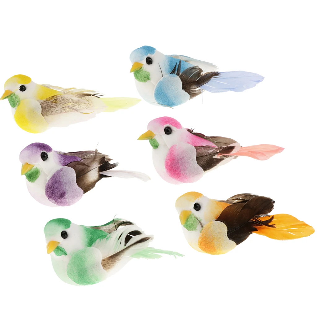6Pieces Cute Small Artificial Feather Bird Foam Birds Photo Props Home Table Garden Bonsai Decor