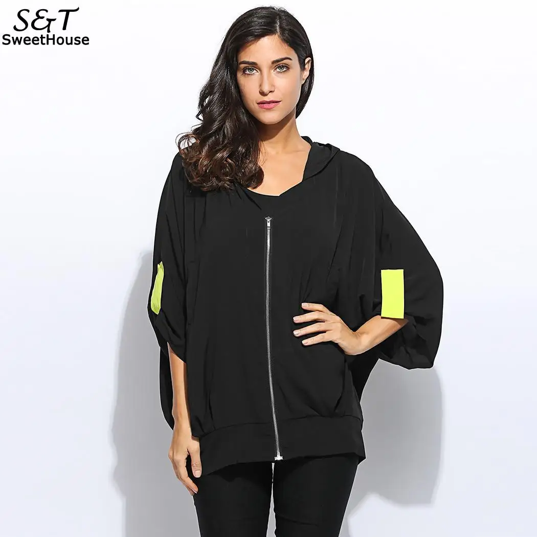 Sleeve Women Batwing 3/4 Casual Hooded V neck Zipper Solid Loose Pockets JacketsJackets