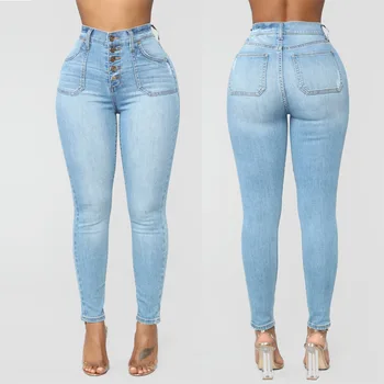

Summer button stretch tight ladies jeans high waist ladies jeans casual female pencil pants straight slim ladies feet jeans