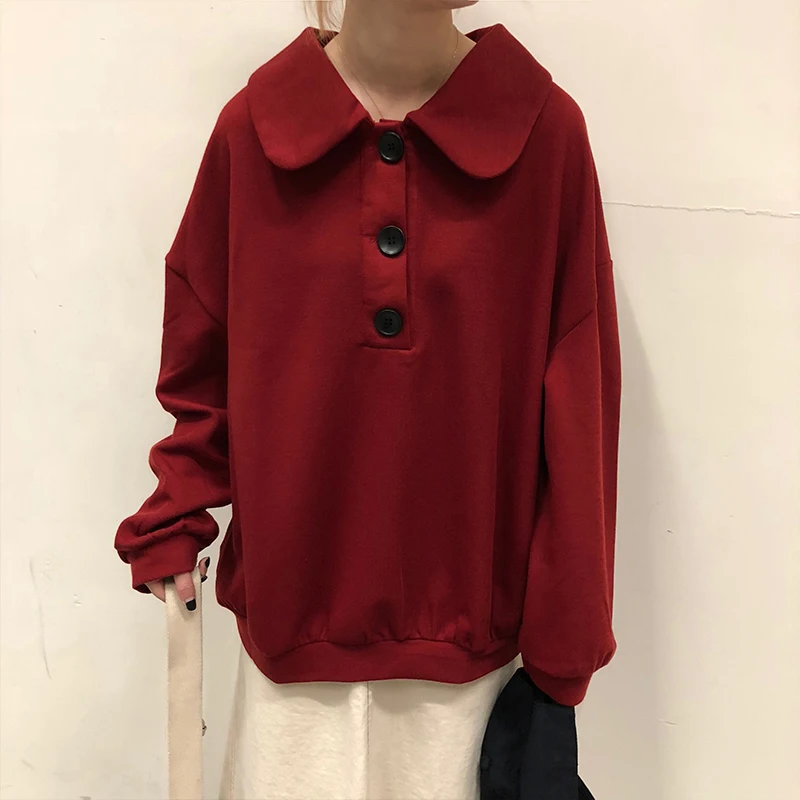 

3 colors 2019 spring korean style loose solid color turn down collar long sleeve t-shirts womens tee shirt femme (X182)