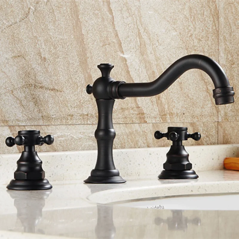 Free shipping 3pcs luxury black bathroom faucet with 3 holes dual