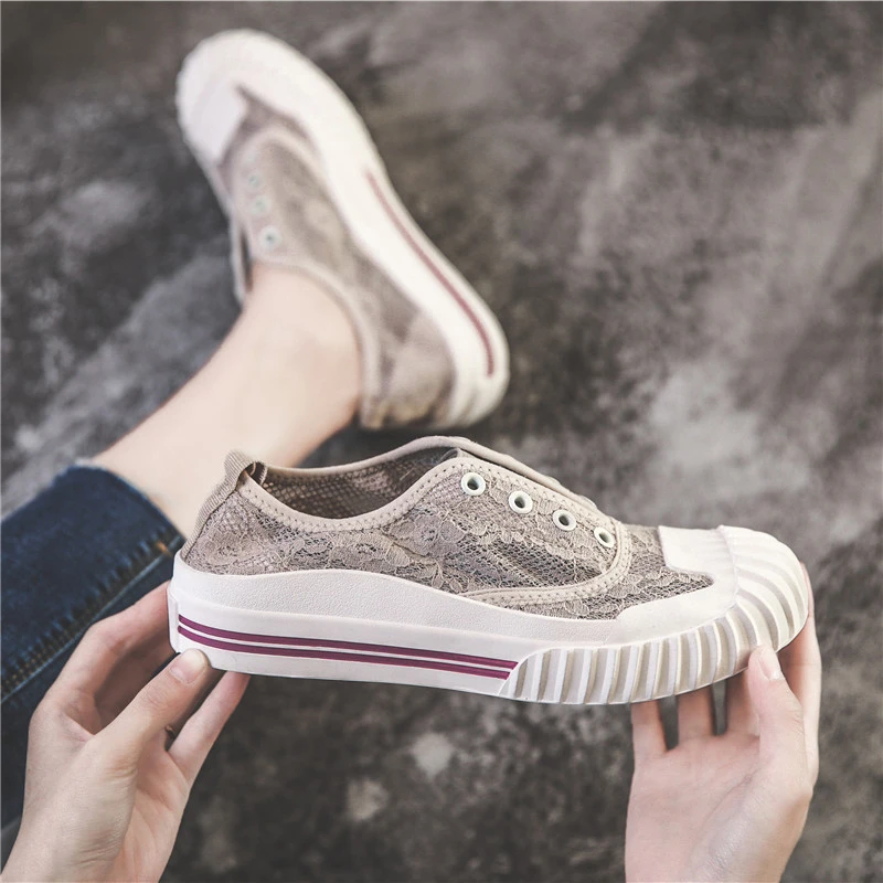 

2019 Lace Mesh Women vulcanized shoes Spring Summer flats bottom Slip On Espadrilles Casual Shoes Size 40 zapatillas mujer Black