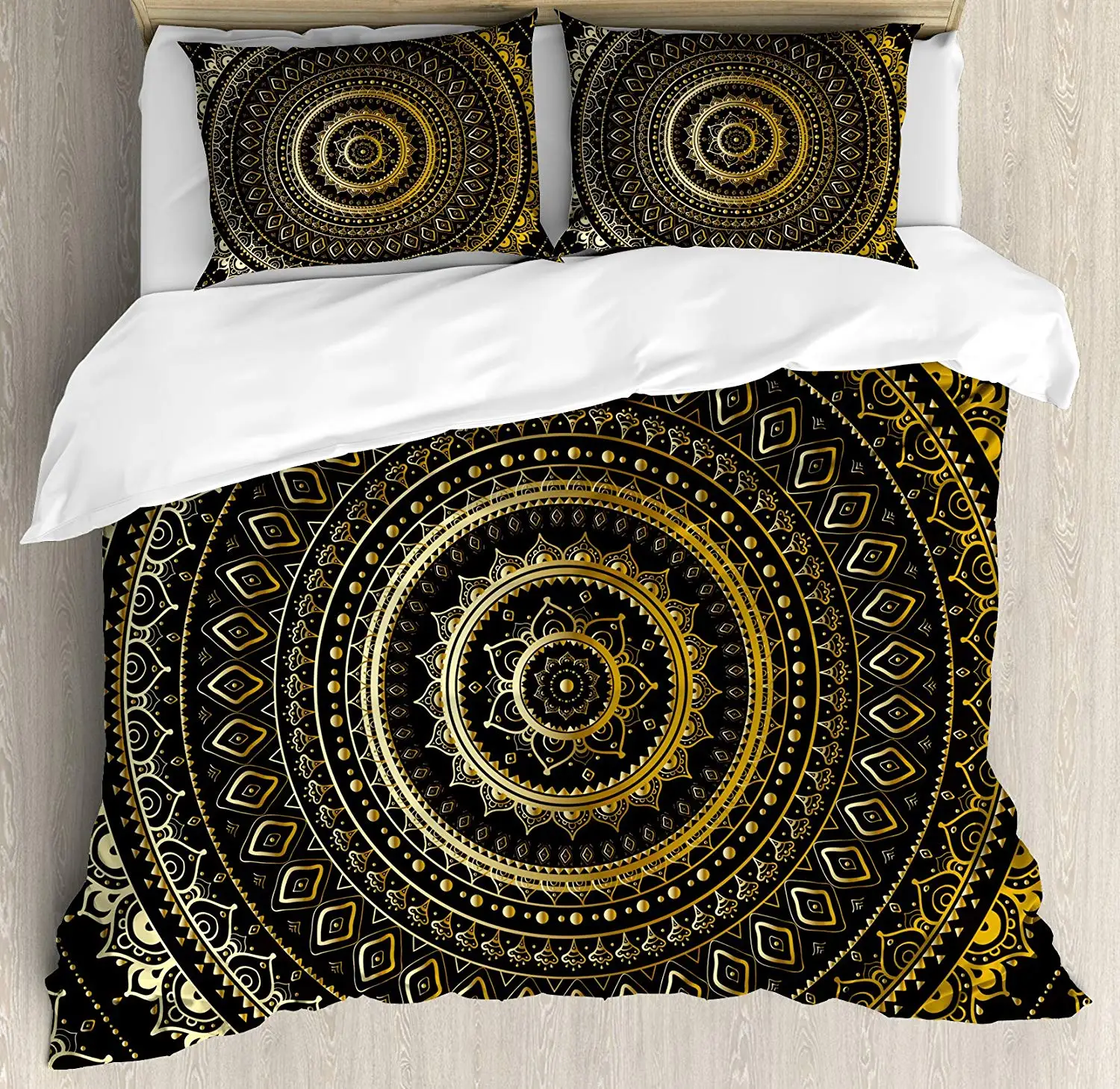 

Gold Mala King Size Duvet Cover Set by Ambesonne Indian Motif Symbol of Universe in Balance Oriental Flora Bedding Set Gold