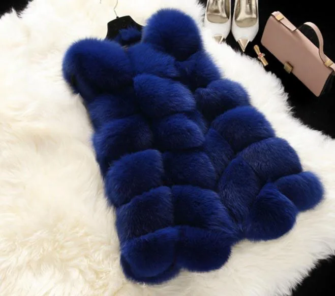 Повседневная Высококачественная меховая жилетка, роскошное пальто из искусственного лисьего меха, теплое Женское пальто, жилеты, зимняя модная меховая женская куртка - Цвет: Синий