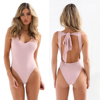

Sleeveless Solid Romper Tops Swimwear Back Bowknot Bodysuit Women Jumpsuit Summer Sexy Bandage Leotard Beach Bodycon V Neck