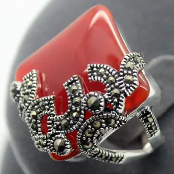 

wholesale good fashionable 22X20mm 925 Natural Red gems stone Marcasite Ring Size 7/8/9 10 Fine man's jewelry