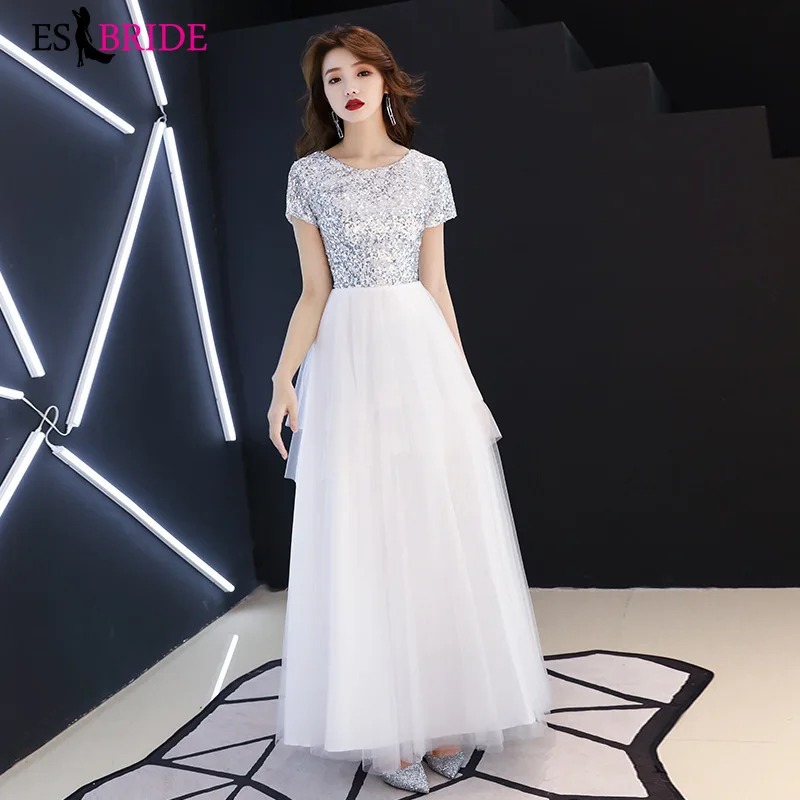 

White Sequined Evening Dresses Long 2019 New Arrival O-neck Short Sleeve A-line Sexy Special Occasion Long Party Gowns ES1525