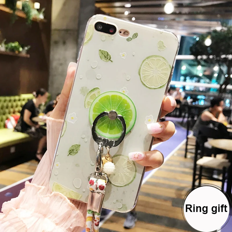 3D Fruit Cases For iphone 7 6 Case TPU Fundas For iphone 8 6s Se 5s 7 Plus Cover Bag With Ring Soft Back Phone Case Cute Rope q26