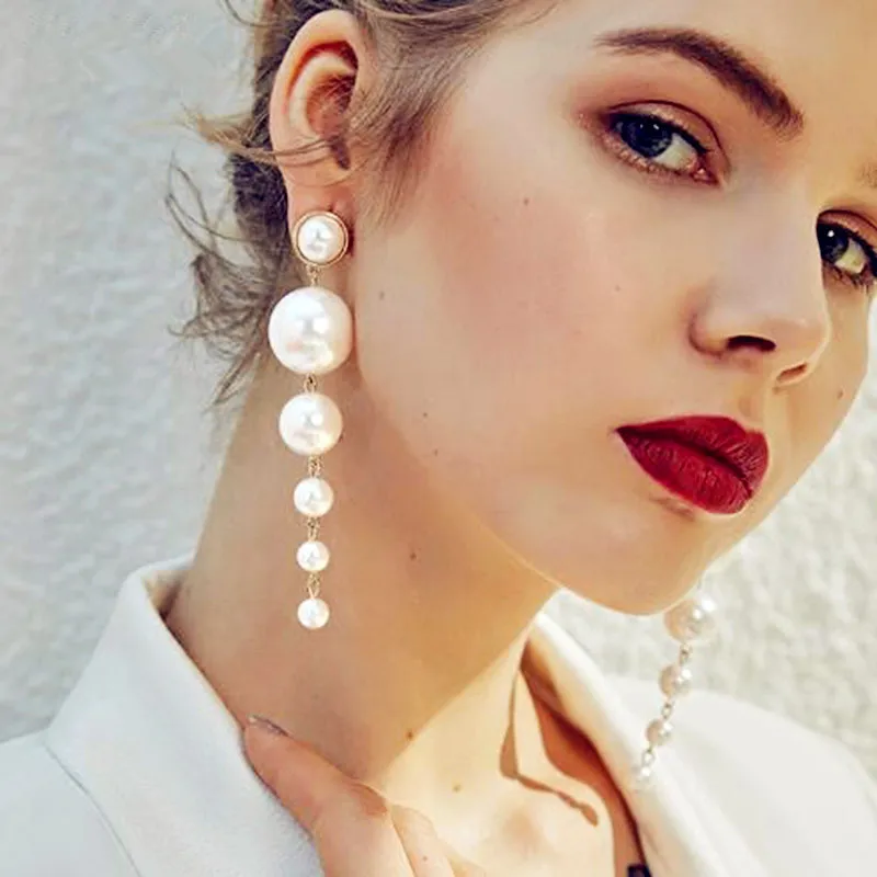 

New Fashion Elegant Creation Big Analog Pearl Long Earrings Pearl String Statement Pendant Earrings For Wedding Party Gifts