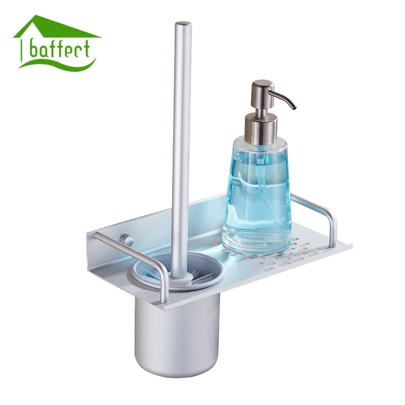 

Multi functional Toilet Brush Holder With Cup With Shelf Bathroom Shelf Wall Mounted Aluminum Alloy Storage Rack Organizer