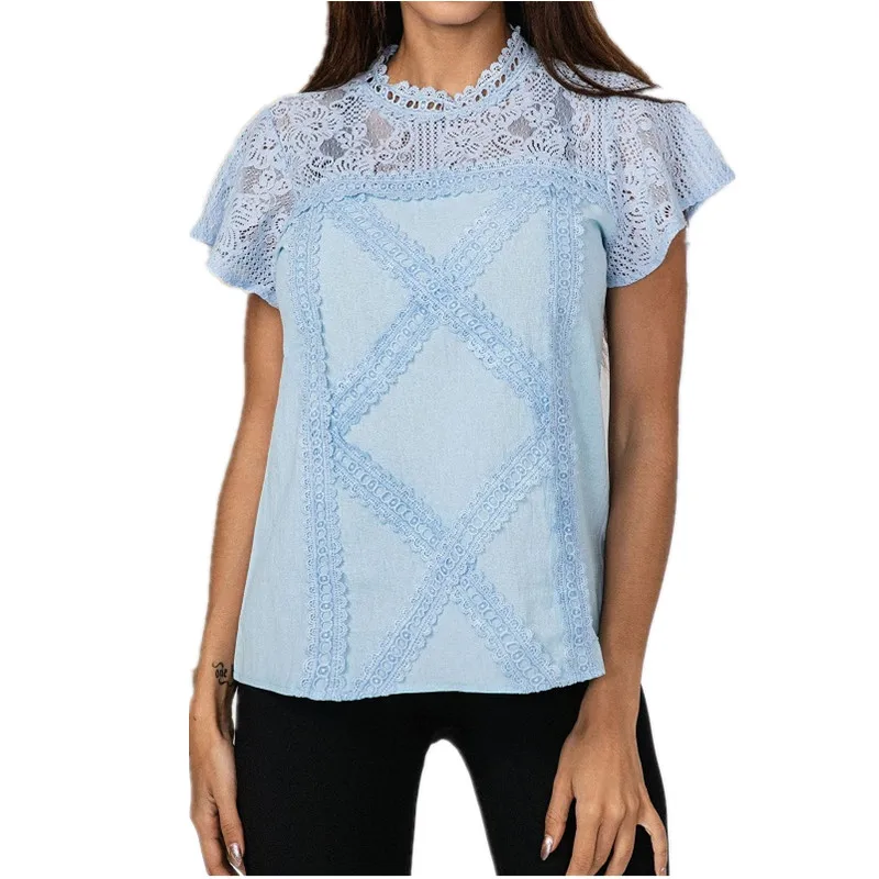 

Streetwear Fashion Women Clothes 2019 Summer Short Sleeve Hollow Out Casual Tops Lace Patchwork O-Neck T-shirts Women Mesh Top