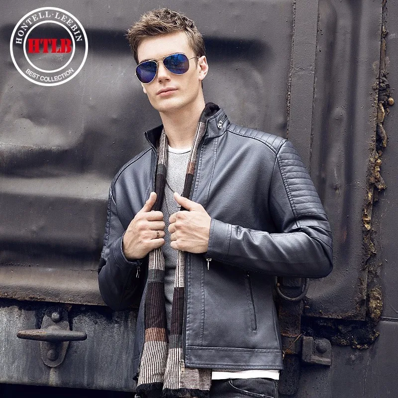 

HTLB Autumn Men's Fashion Motorcycle PU Leather Bomber Jacket Coat Men Winter Casual Warm Coat Fleece Faux Leather Jacket Men