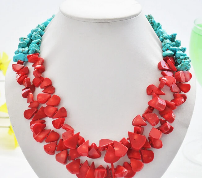 

FREE SHIPPING 004332 2row 20" red coral melon seeds blue fine stone nubby necklace