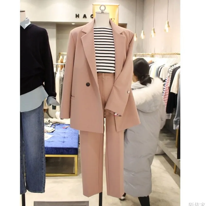 

2019spring and autumn new suit female small suit nine pants two sets of pink jacket temperament solid color wild women's clothes