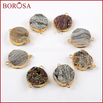 

BOROSA 10PCS Gold Color 20mm Round Rainbow Titanium Galaxy Druzy Quartz Connectors Double Charm Gems Jewelry G1615
