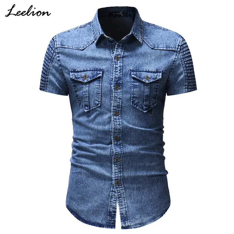 Meilleur IceLion 2019 Nouvelle Manches Courtes Hommes Chemises À Court de Pliage de Poche sur la Manche Chemises Mode Casual Solide Denim Shirts Chemisette Masculina