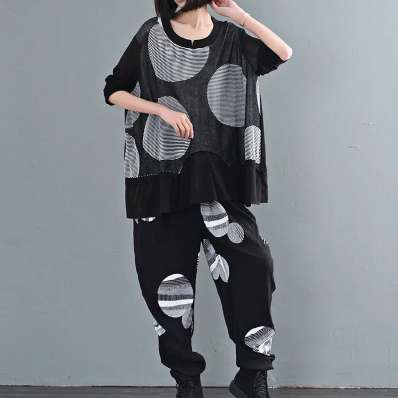 

LANMREM 2019 Summer New Fashion Casual Women Loose Plus Wave Point Round Neck Long Sleeve Pants Suit TC124