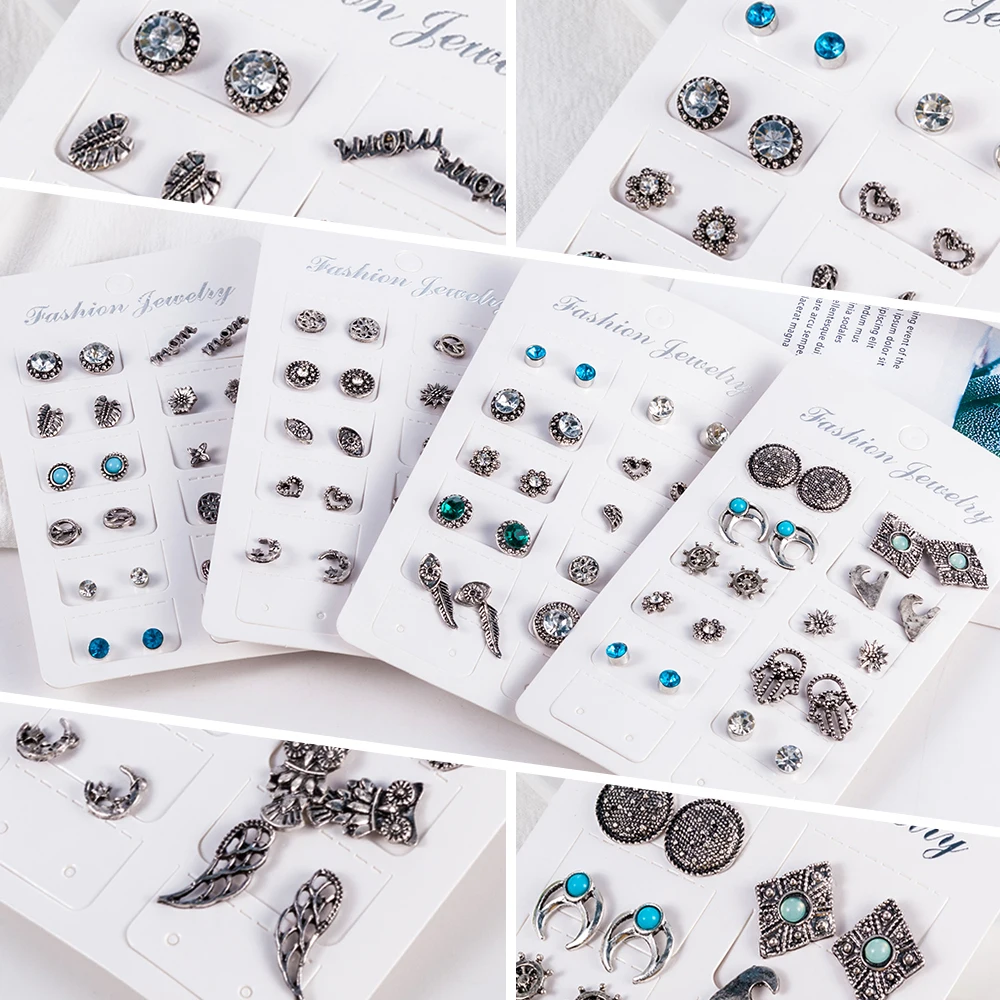 

10 pairs/set Crystal Moon Star Wing Owl Wave Heart Eye Hand Crown Earrings Set Women Jewelry Accessories Stud Earring Kit