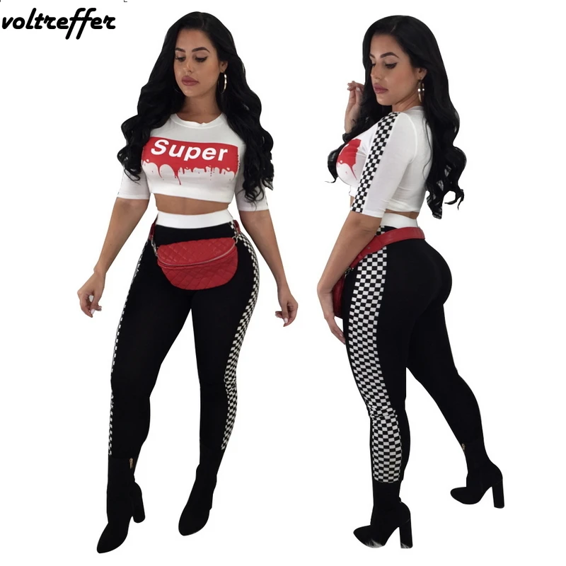 2018 Summer White Letter Print Crop Top Black Plaid Side Long Pants Two Piece Set Women's Sexy Casual Outfits Sweatsuit | Женская