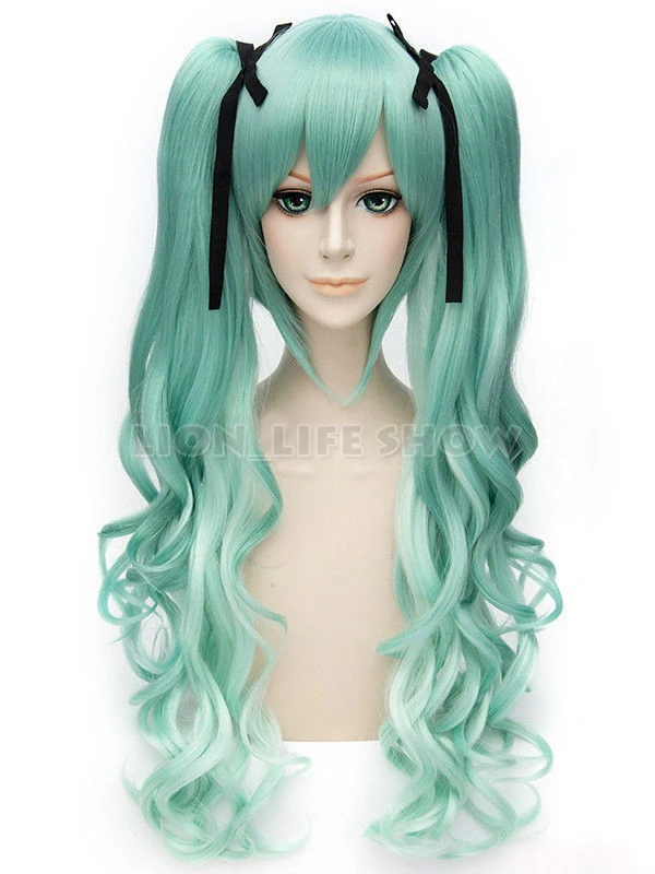 Vocaloid Хацунэ Мику вьющиеся зеленые Хвосты Косплей парик| |