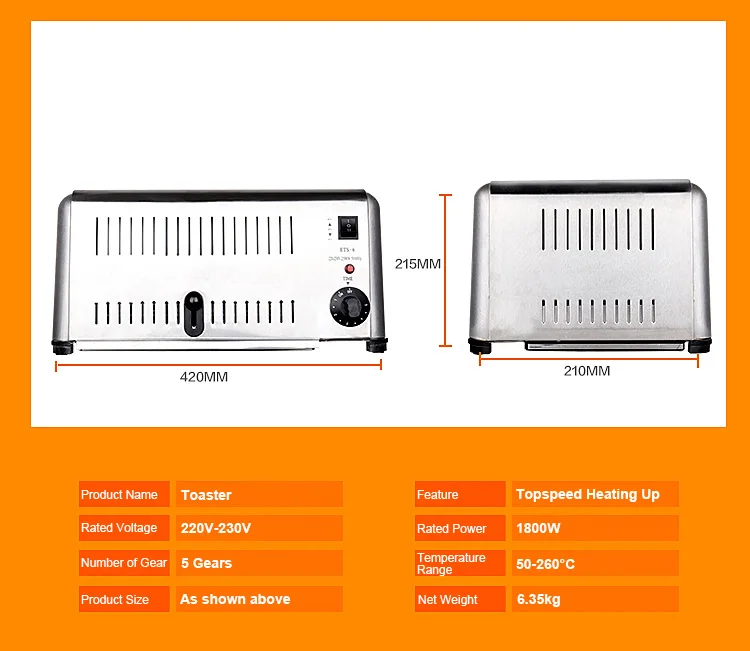 6 слотов бытовой тостер для завтрака коммерческий тостер помощник для завтрака тостер полностью из нержавеющей стали тост печь ETS-6