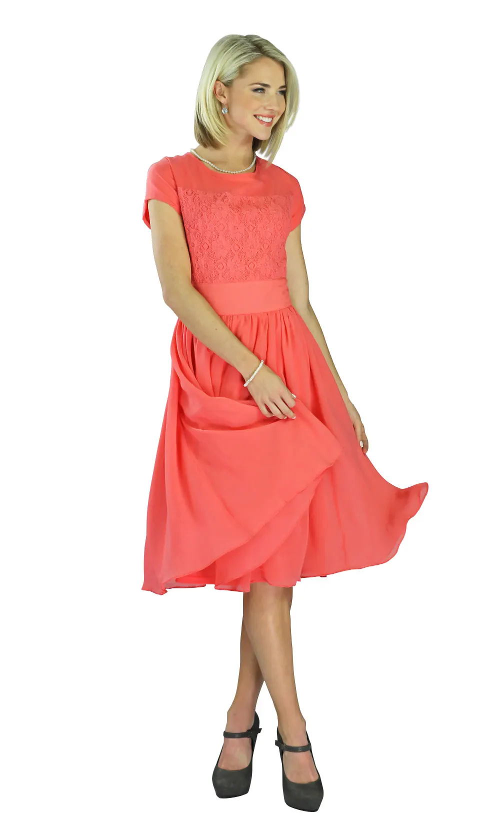 Coral Chiffon Modest Bridesmaid Dresses 