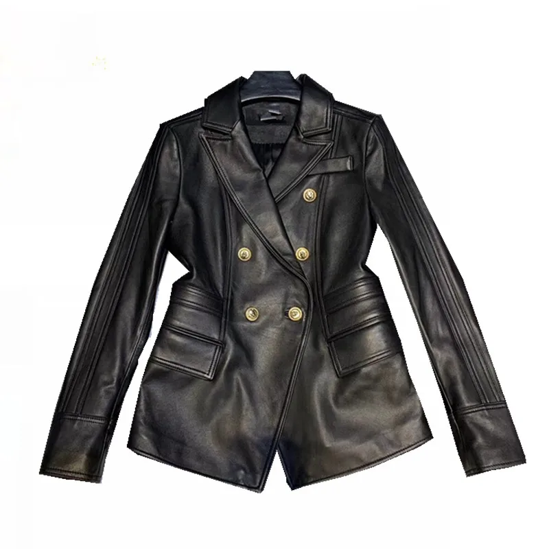 Весенний Стильный дизайнерский блейзер из натуральной кожи, модная двубортная тонкая верхняя одежда, короткая женская кожаная куртка