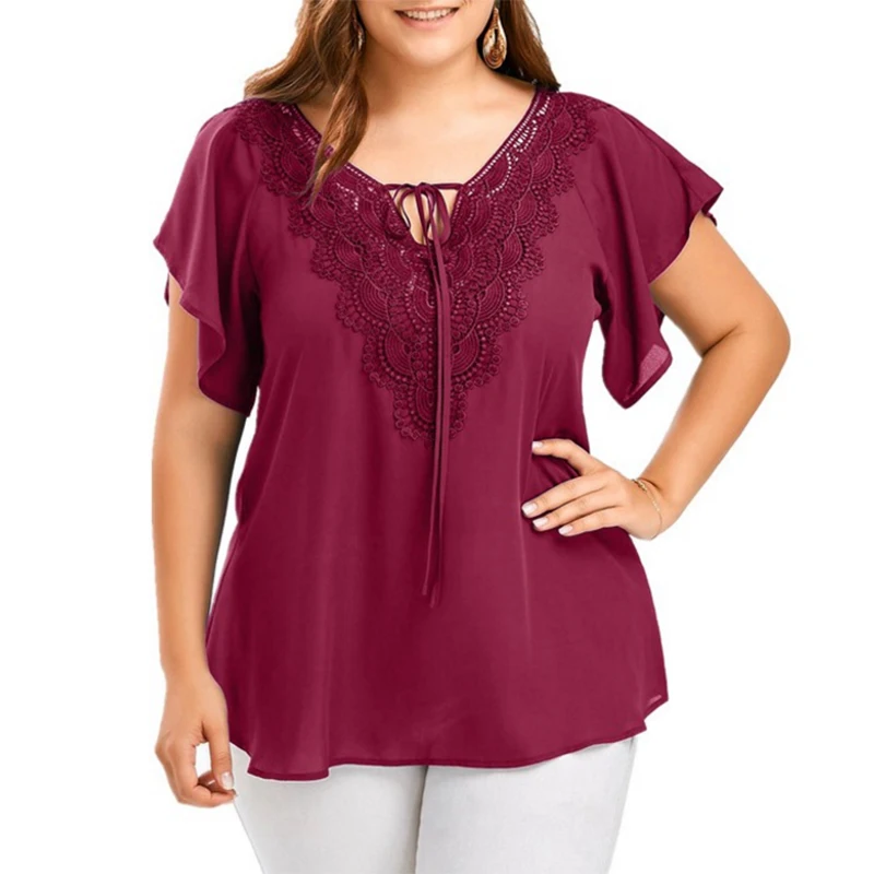 

Xl-5xl Tee Shirt Femme Sexy V-neck Shirt Short Sleeved Girl Sweatshirt Solid Color Lace Stitching Hollow Pullover