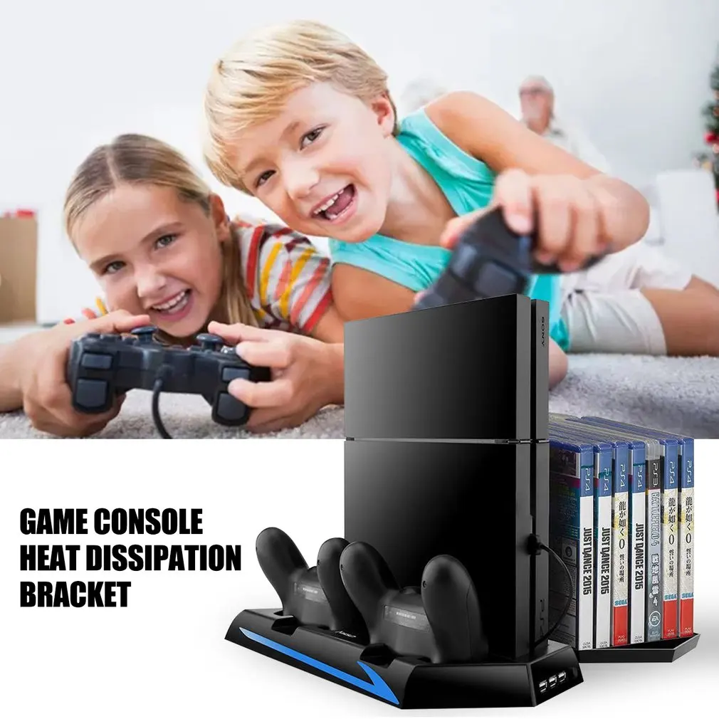 

2 In 1 Gamepad Vertical Cooling Stand Charging Station Game Discs Stand Multi-functional Controller with USB Hub Fans for PS4