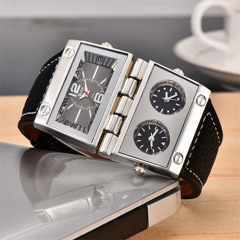 Oulm 2 Different Square Dials Watch 3 Time Zone Men's Wrist Watches Big Size Male Quartz Clock Unique Leather Man Watch New