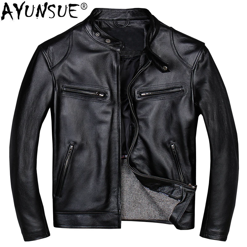 

AYUNSUE Genuine Leather Jacket Short Cow Leather Coats Men Motorcycle Jackets Casual Cowhide Chaqueta Cuero Hombre A102 KJ1455