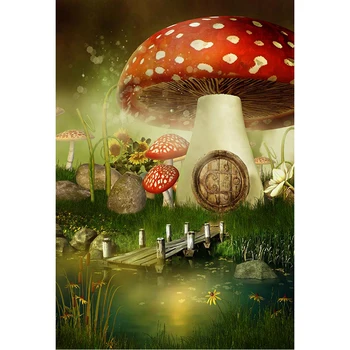 

Fairytale Wonderland Big Mushroom House Children Photo Background Printed Sunflowers Stones Wood Bridge River Baby Kids Backdrop