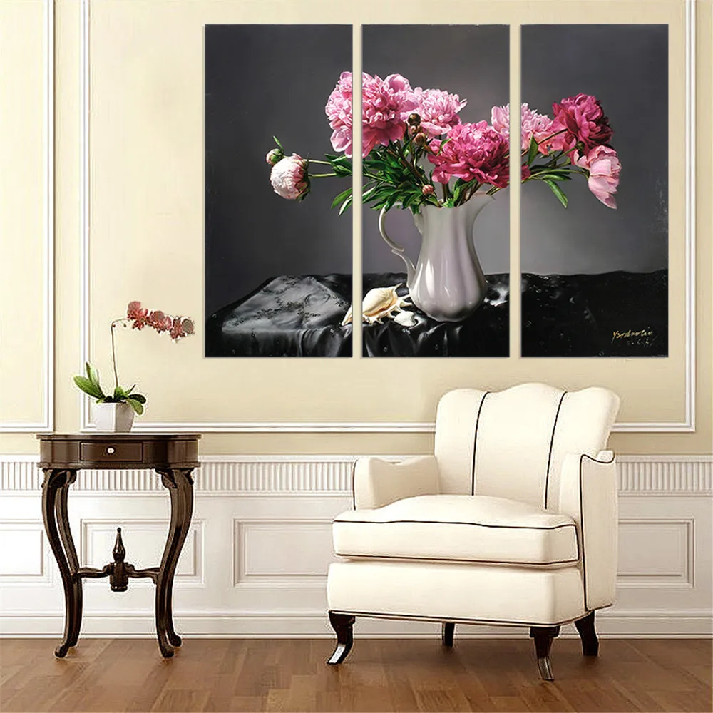 1384 50 De Réduction3 Pièces Toile Art Fleur Rose Sur Vase Blanc Art Imprimer Décor Maison Fond Noir Peinture à Lhuile Pour Salon Mur Sans